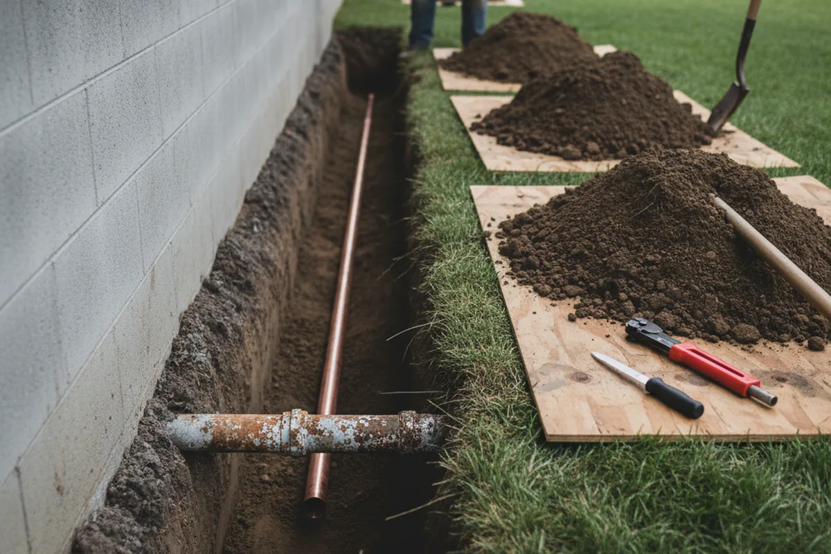 Excavated water line trench during Water Heater Repair in Turney